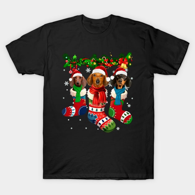 Dachshund In Christmas Sock T-Shirt by Buleskulls 